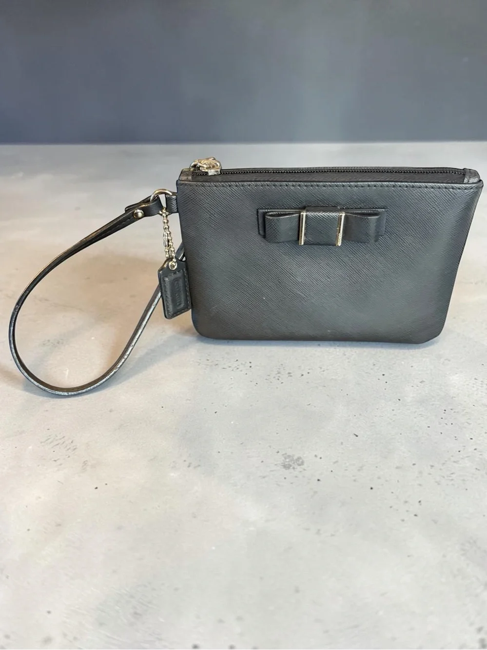 Coach Black Saffiano Leather Bow Accent Wristlet Pouch